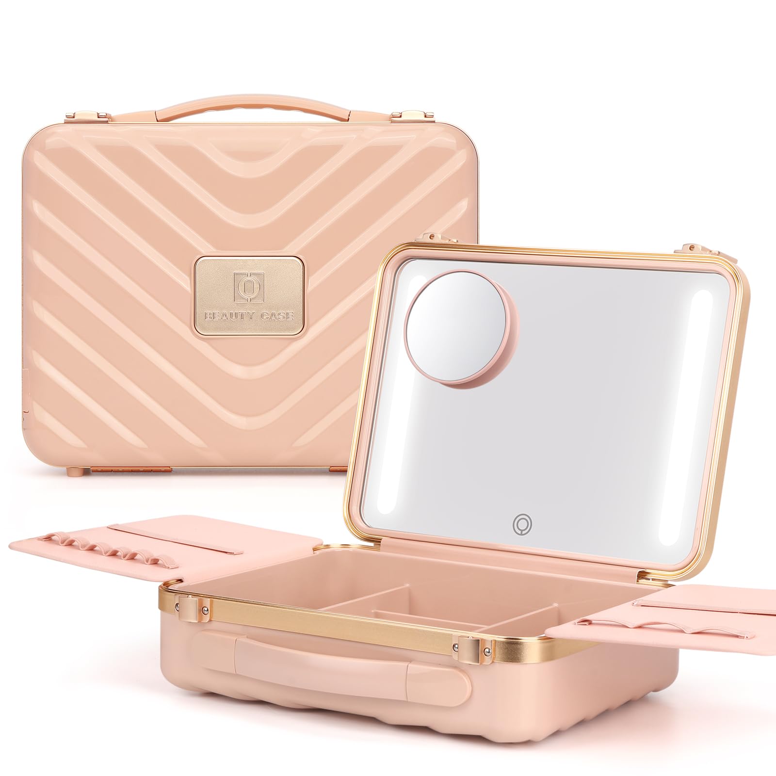 Travel Makeup Case with Mirror: 3 Colors LED Light with 10X Magnification - Portable